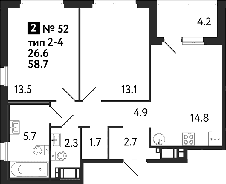 Планировка: 2-комнатная квартира 58,7 м² в ЖК «Литера»