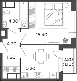 Планировка: 1-комнатная квартира 36,3 м² в ЖК «Филатов Луг»