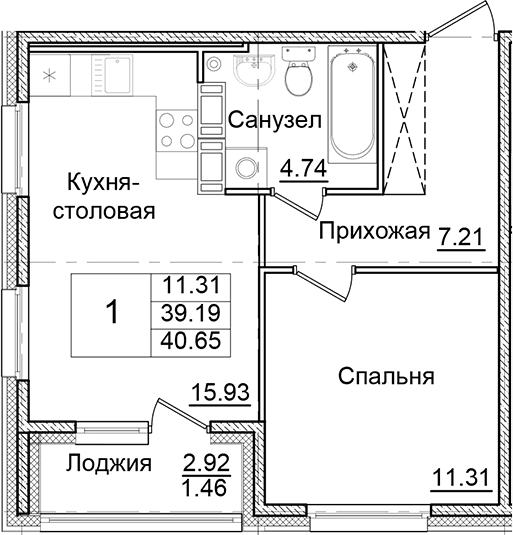 Планировка: 1-комнатная квартира 39,2 м² в ЖК «Квартал Заречье»