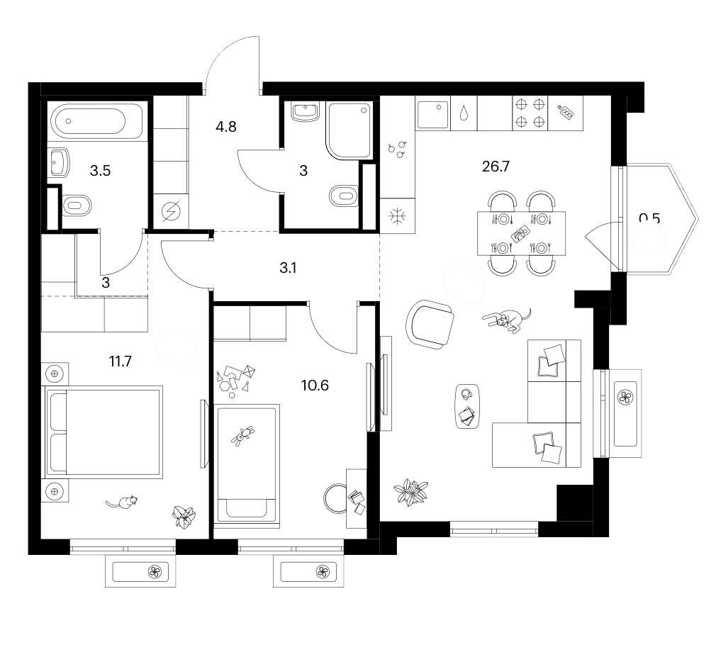 Планировка: 2-комнатная квартира 66,4 м² в ЖК «Ярославский»