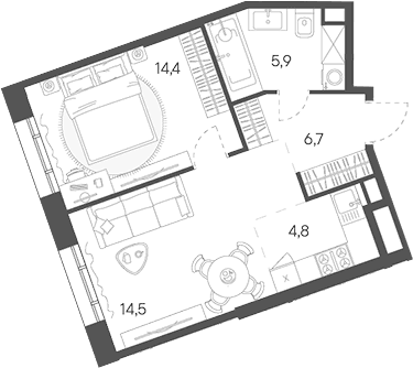Планировка: Евродвушка 46,3 м² в ЖК «Родина Переделкино»