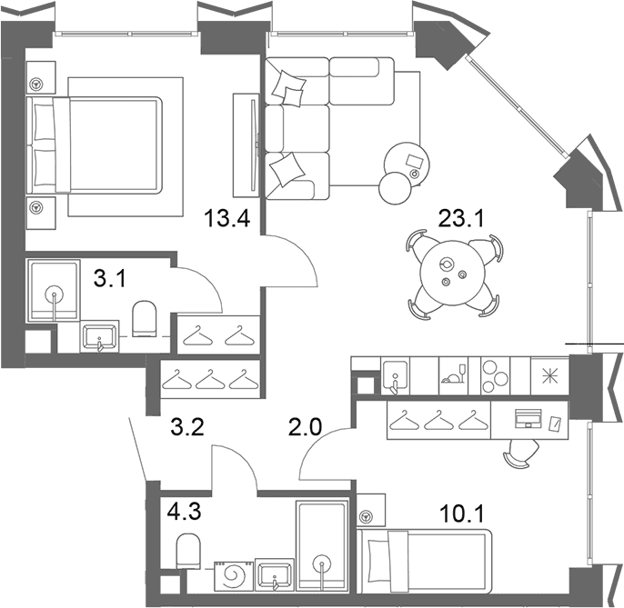 Планировка: Евротрёшка 60,9 м² в ЖК «ОМ Ботанический»