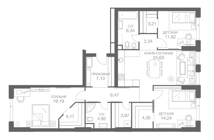Планировка: Квартира евро-4 112,8 м² в ЖК «HEADLINER»