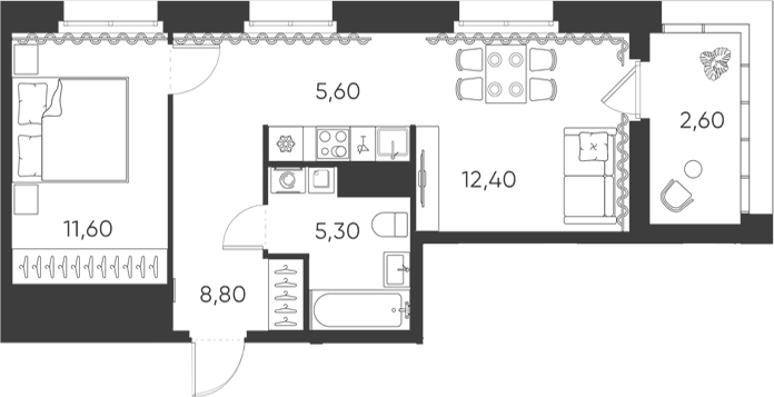 Планировка: Евродвушка 43,7 м² в ЖК «Моисеенко, 10»
