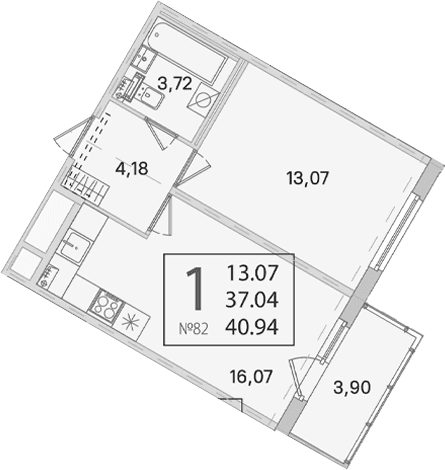 Планировка: 1-комнатная квартира 37 м² в ЖК «Любоград в Стрельне»