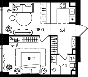 Планировка: Евродвушка 43,7 м² в ЖК «СТОУН Блик»