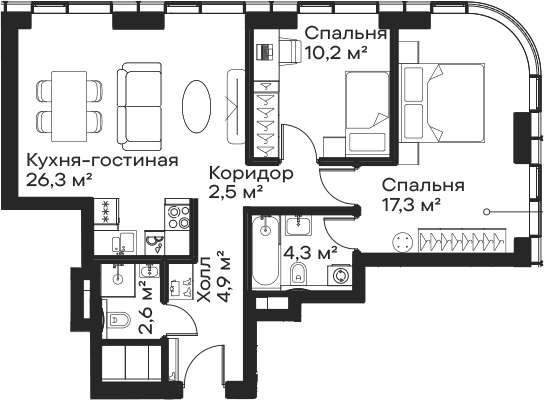 Планировка: Евротрёшка 68,1 м² в ЖК «Сити Бэй»