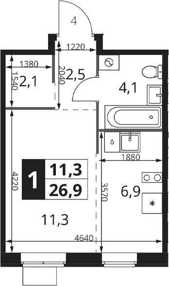 Планировка: Студия 26,9 м² в ЖК «1-й Ясеневский»