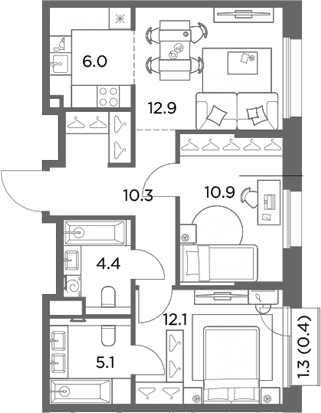 Планировка: Евротрёшка 61,7 м² в ЖК «Станиславский»