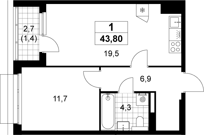 Планировка: Евродвушка 42,4 м² в ЖК «Деснаречье»