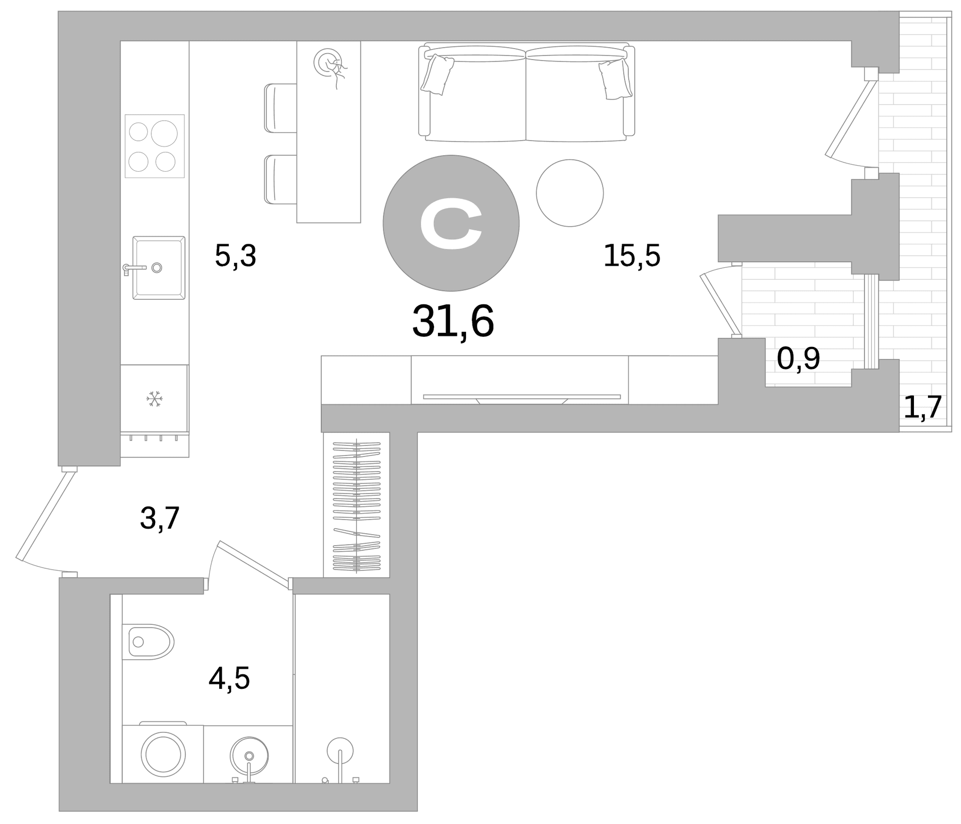 Планировка: Студия 29 м² в ЖК «Северный ветер»