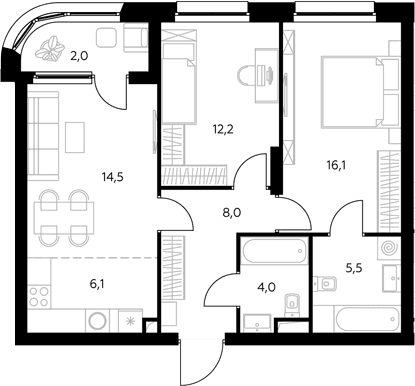 Планировка: Евротрёшка 67,5 м² в ЖК «Адмирал»