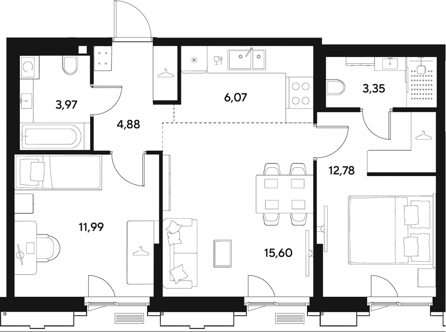 Планировка: Евротрёшка 58,6 м² в ЖК «ЭВО»