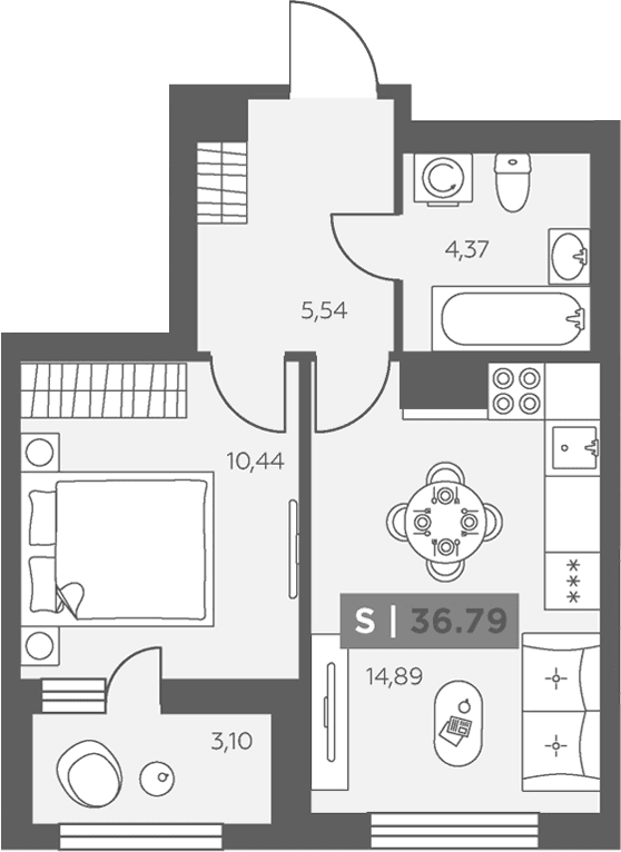 Планировка: 1-комнатная квартира 35,2 м² в ЖК «Аквилон Солар»