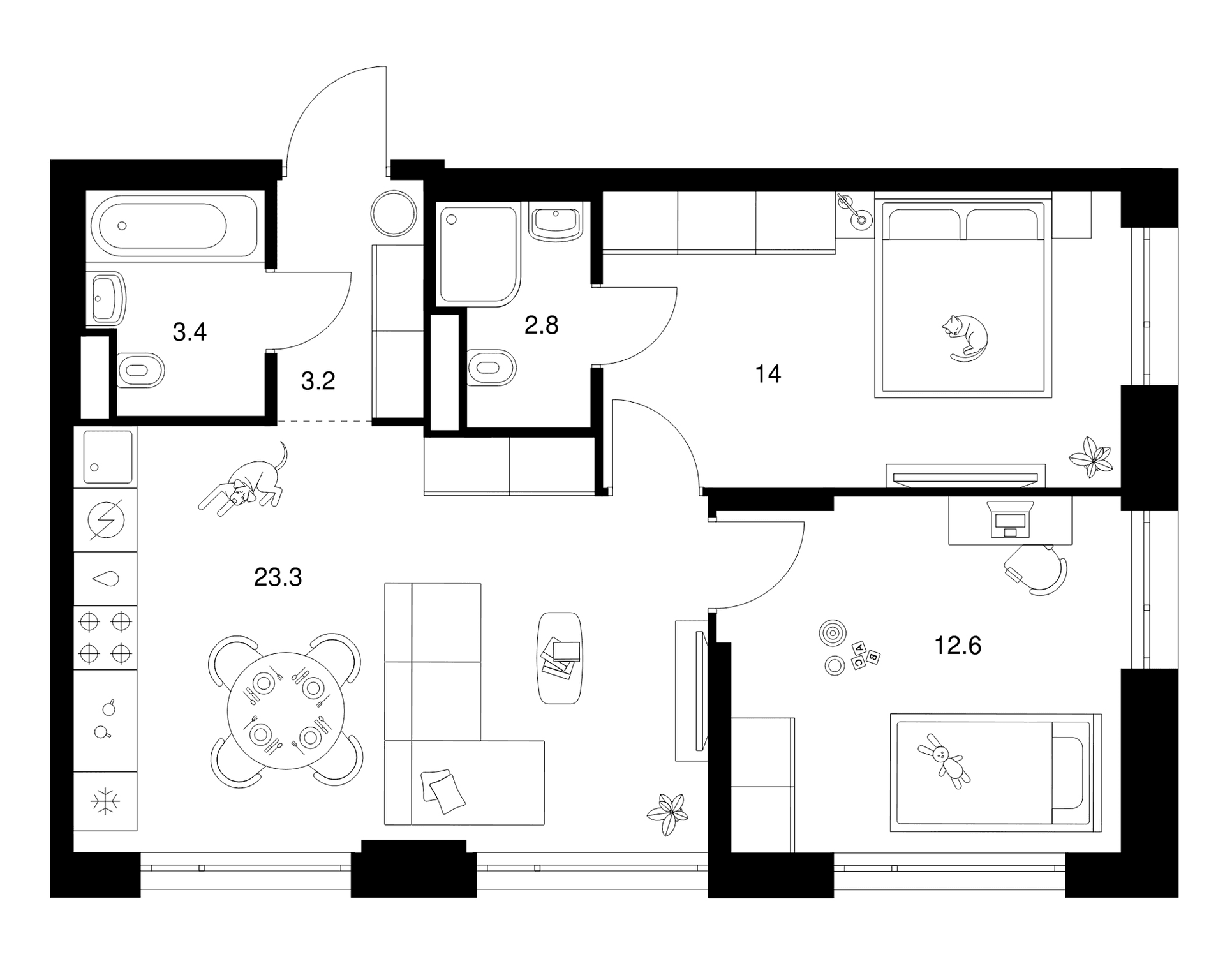 Планировка: 2-комнатная квартира 59,3 м² в ЖК «2-й Иртышский»