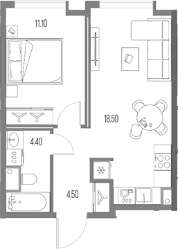 Планировка: 1-комнатная квартира 38,5 м² в ЖК «Северный Порт»