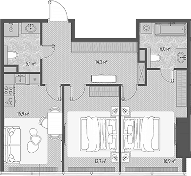 Планировка: Евротрёшка 71,8 м² в ЖК «ОНЕ»