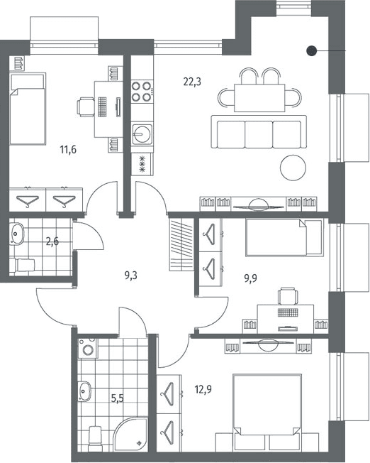 Планировка: Квартира евро-4 74,1 м² в ЖК «Парусная 1»