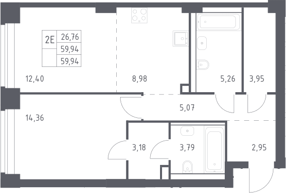 Планировка: Евродвушка 59,9 м² в ЖК «НОВА»