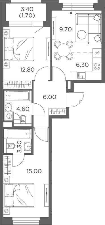 Планировка: Евротрёшка 57,9 м² в ЖК «Белый Град»