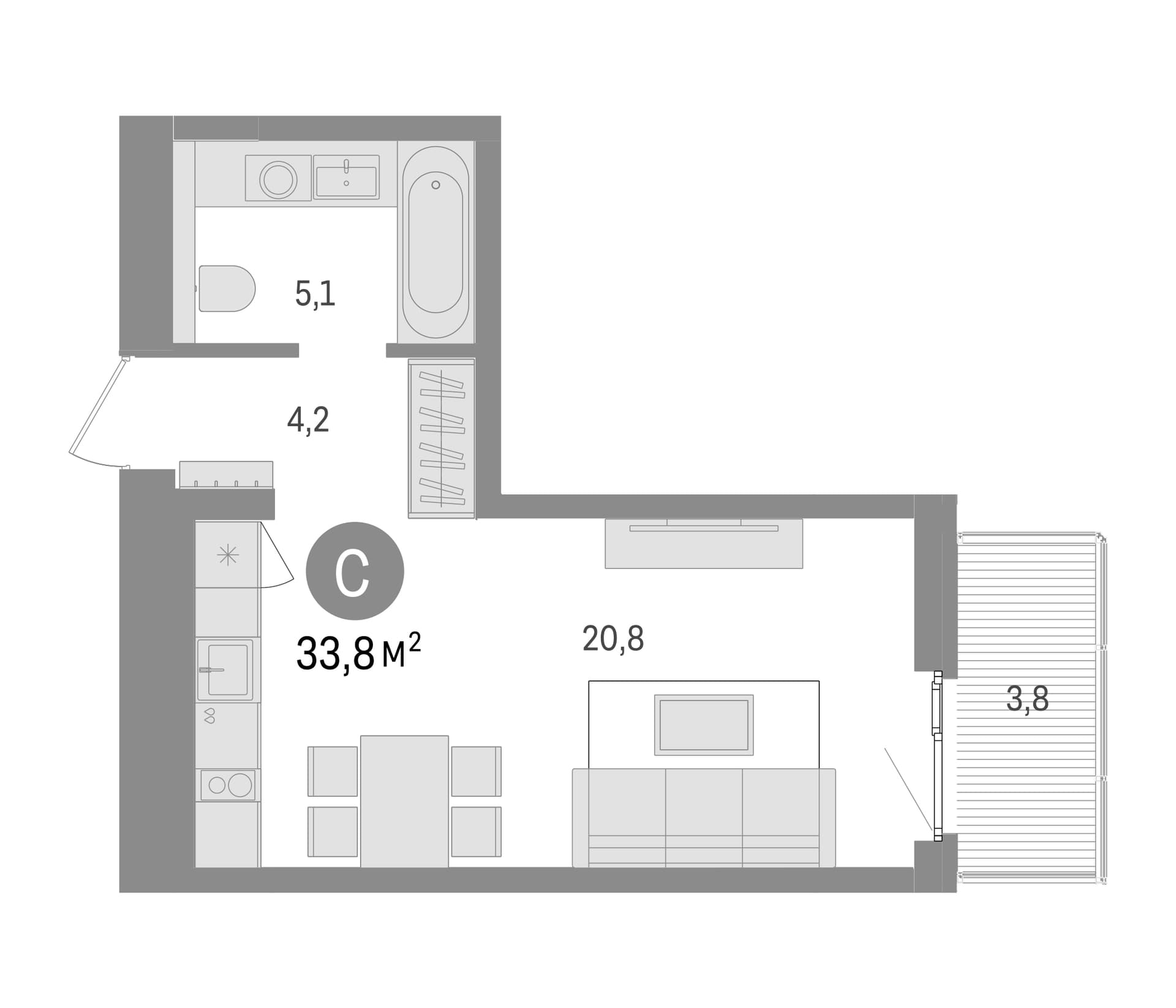 Планировка: Студия 30 м² в ЖК «Брусника в Новоселье»