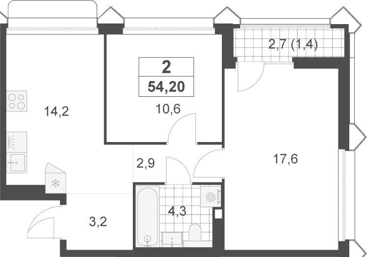 Планировка: 2-комнатная квартира 52,8 м² в ЖК «Деснаречье»