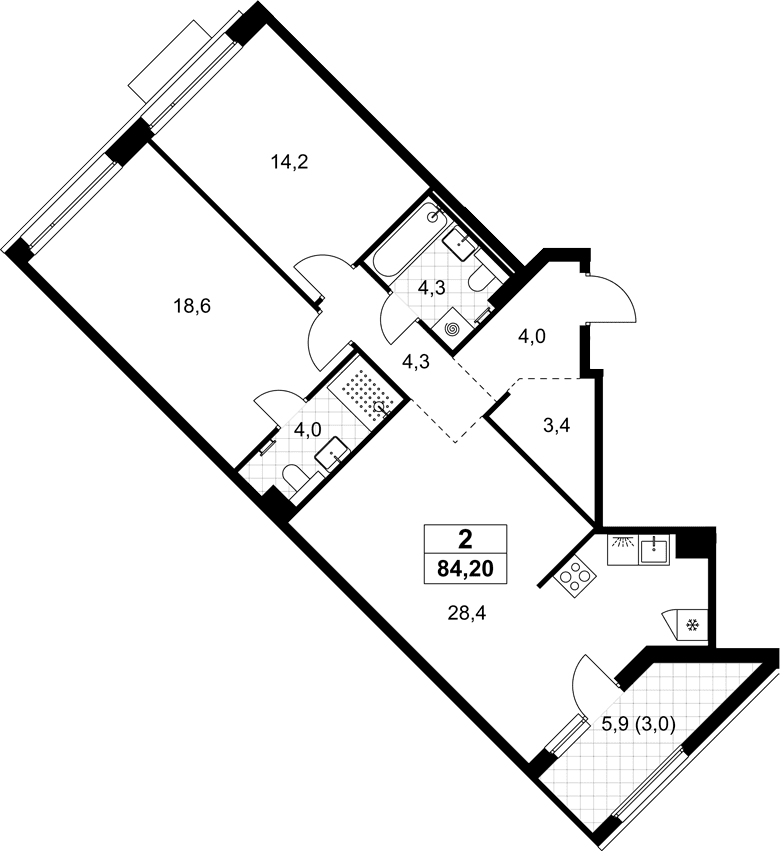 Планировка: Евротрёшка 81,2 м² в ЖК «Хольм»