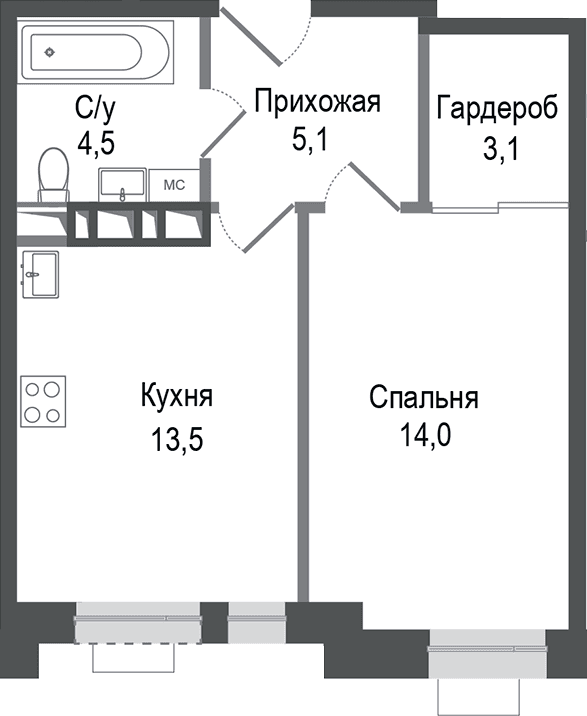 Планировка: 1-комнатная квартира 40,2 м² в ЖК «Киноквартал»
