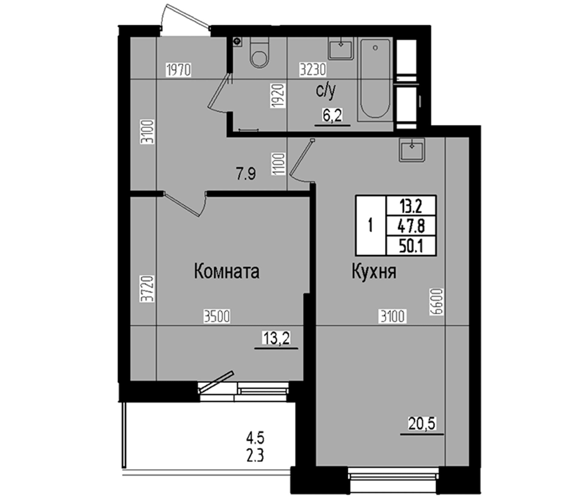 Планировка: Евродвушка 47,8 м² в ЖК «Прагма Сити»