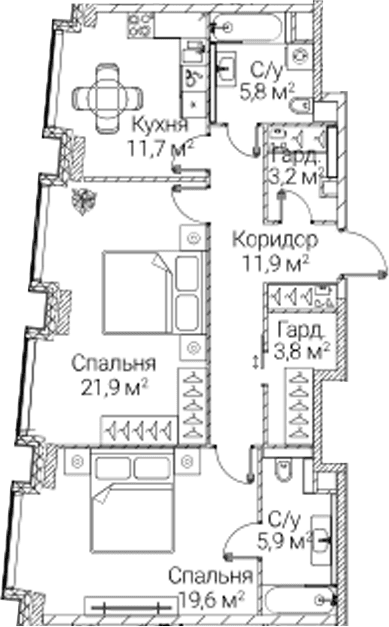 Планировка: 2-комнатная квартира 83,8 м² в ЖК «СЕЗАР БУДУЩЕЕ»
