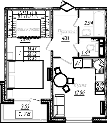 Планировка: 1-комнатная квартира 38 м² в ЖК «АРО»