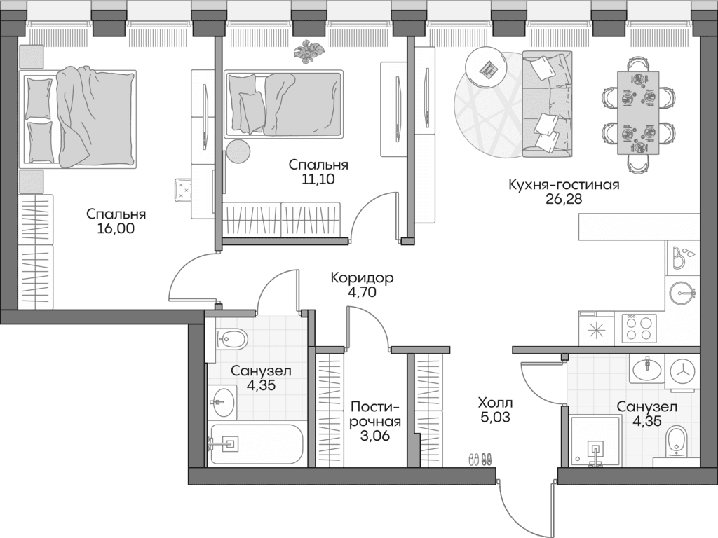 Планировка: Евротрёшка 73,3 м² в ЖК «Инсайдер»