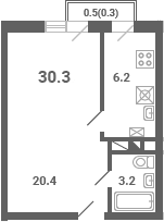Планировка: 1-комнатная квартира 29,8 м² в ЖК «Южная Долина»