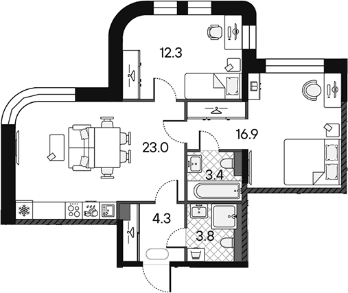Планировка: Евротрёшка 63,7 м² в ЖК «МАРК»