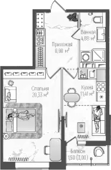 Планировка: Евродвушка 45,6 м² в ЖК «Рига Хиллс»