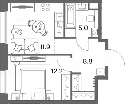 Планировка: 1-комнатная квартира 37,9 м² в ЖК «Станиславский»
