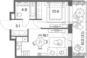 Планировка: 1-комнатная квартира 38,7 м² в ЖК «Станиславский»