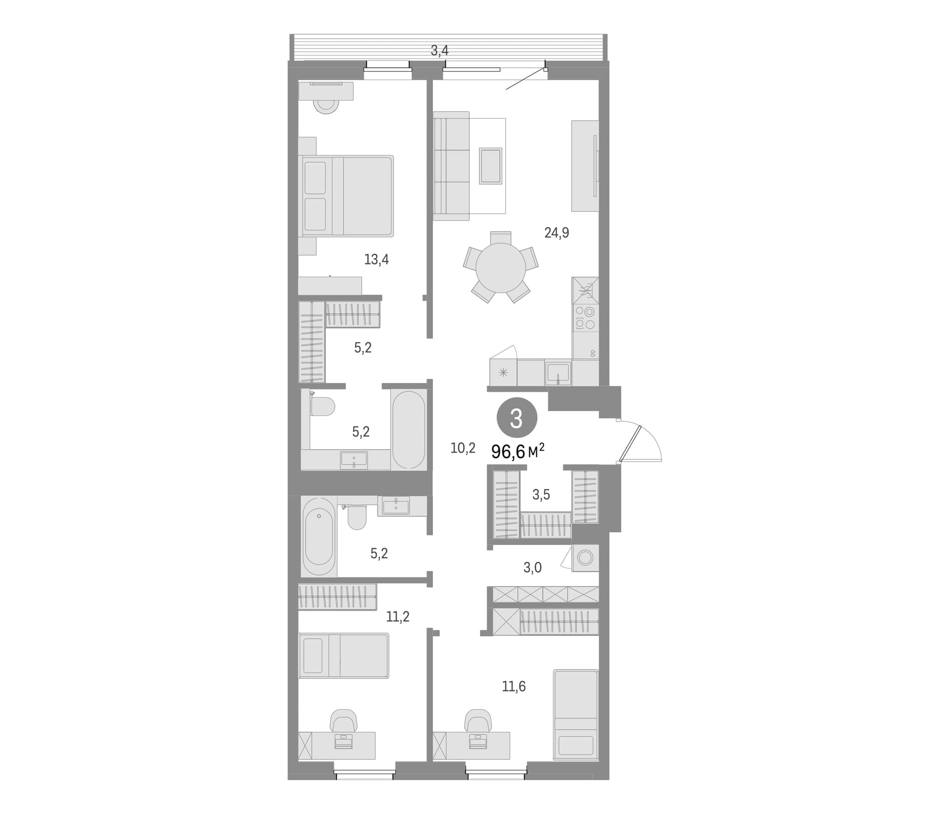 Планировка: 3-комнатная квартира 93,2 м² в ЖК «Северный ветер»