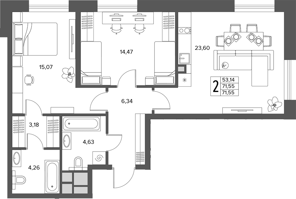 Планировка: Евротрёшка 71,6 м² в ЖК «Городской бор»
