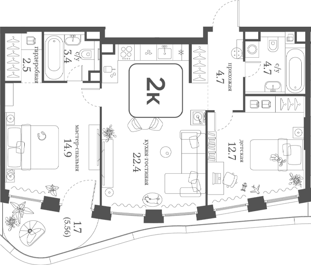 Планировка: 2-комнатная квартира 65,3 м² в ЖК «Муза»