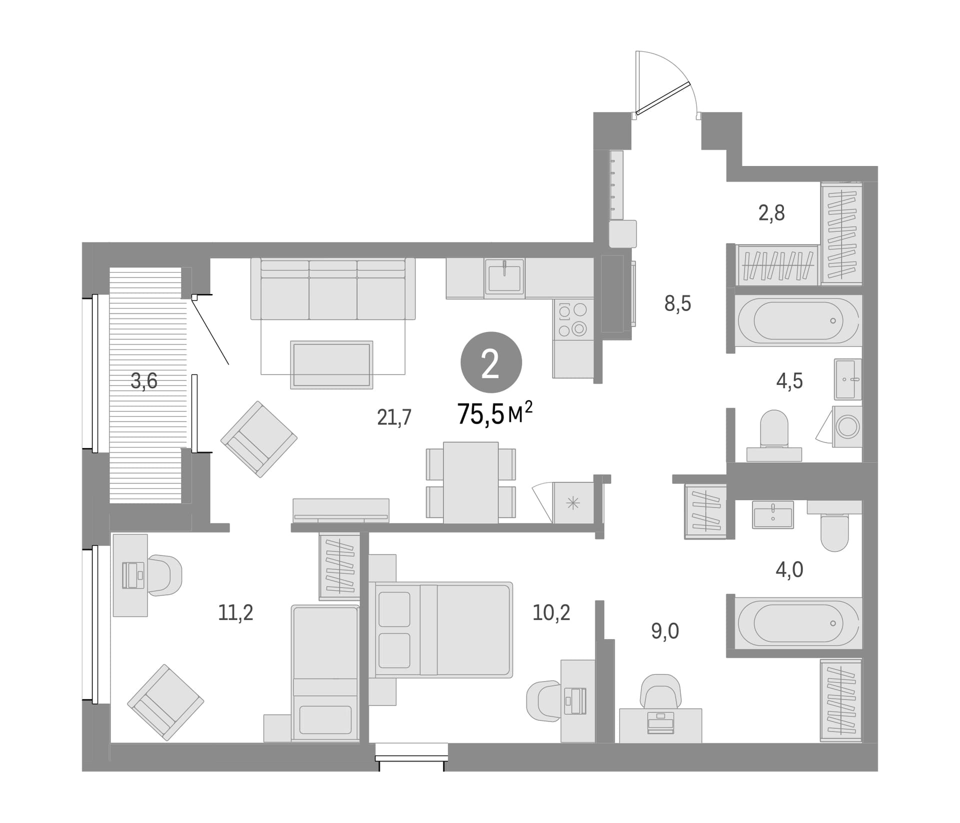 Планировка: Евротрёшка 71,9 м² в ЖК «Северный ветер»