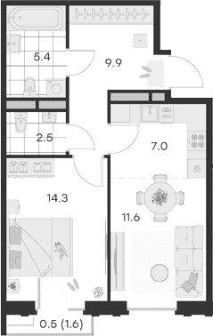 Планировка: Евродвушка 50,6 м² в ЖК «Михалевич»