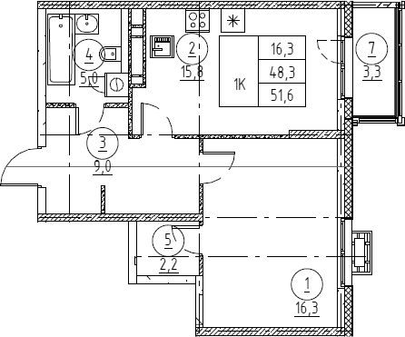 Планировка: Евродвушка 48,7 м² в ЖК «Крылов»