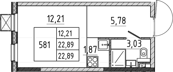 Планировка: Студия 22,9 м² в ЖК «Поварово-Молодежный-2»