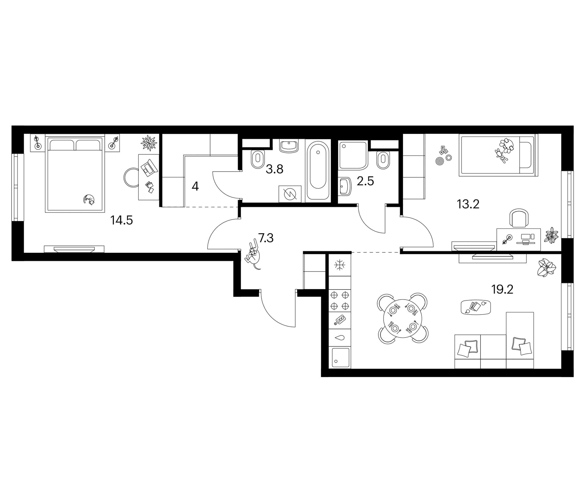 Планировка: 2-комнатная квартира 64,5 м² в ЖК «Москворечье»