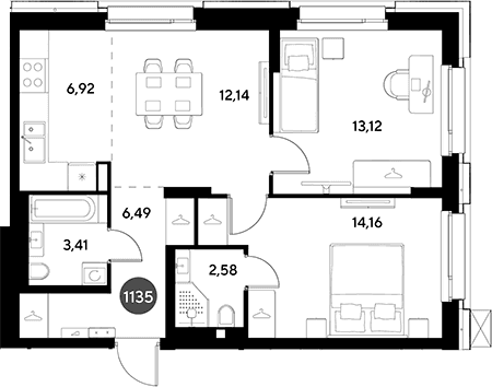 Планировка: Евротрёшка 58,8 м² в ЖК «ЭВО»