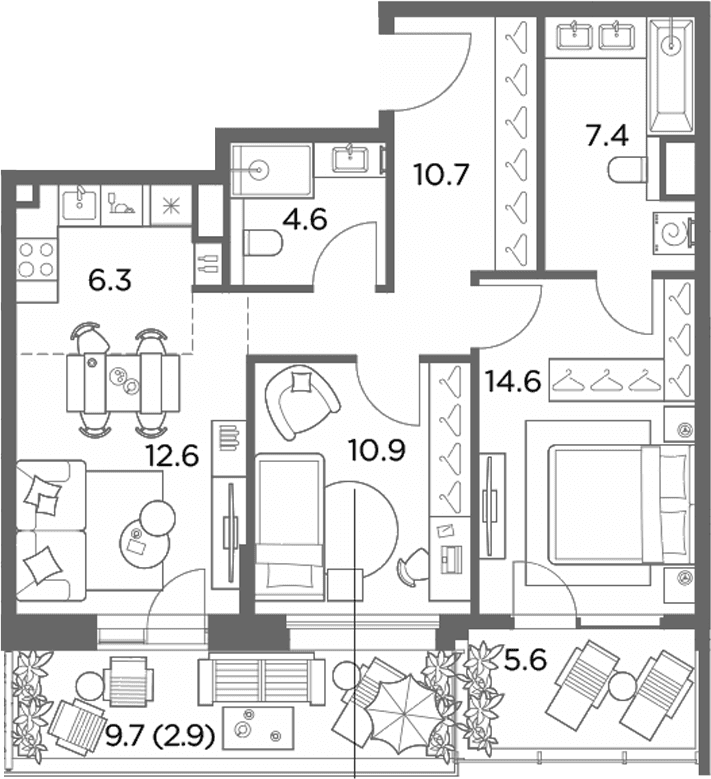 Планировка: Евротрёшка 67,1 м² в ЖК «Станиславский»