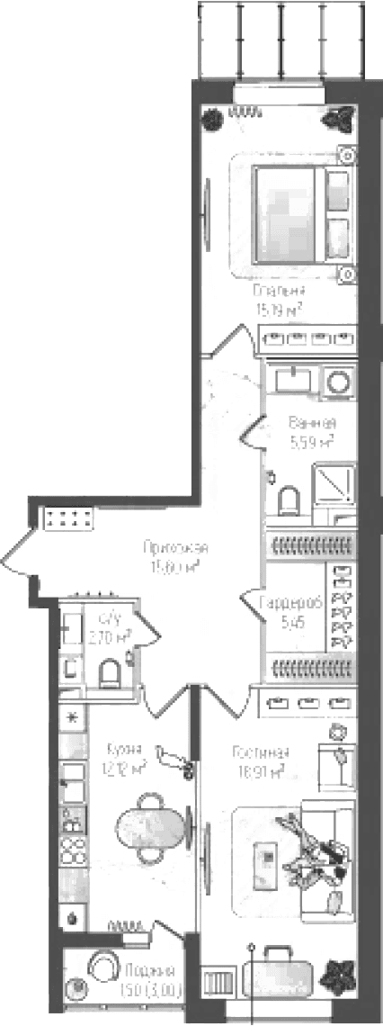 Планировка: 2-комнатная квартира 75,6 м² в ЖК «Рига Хиллс»