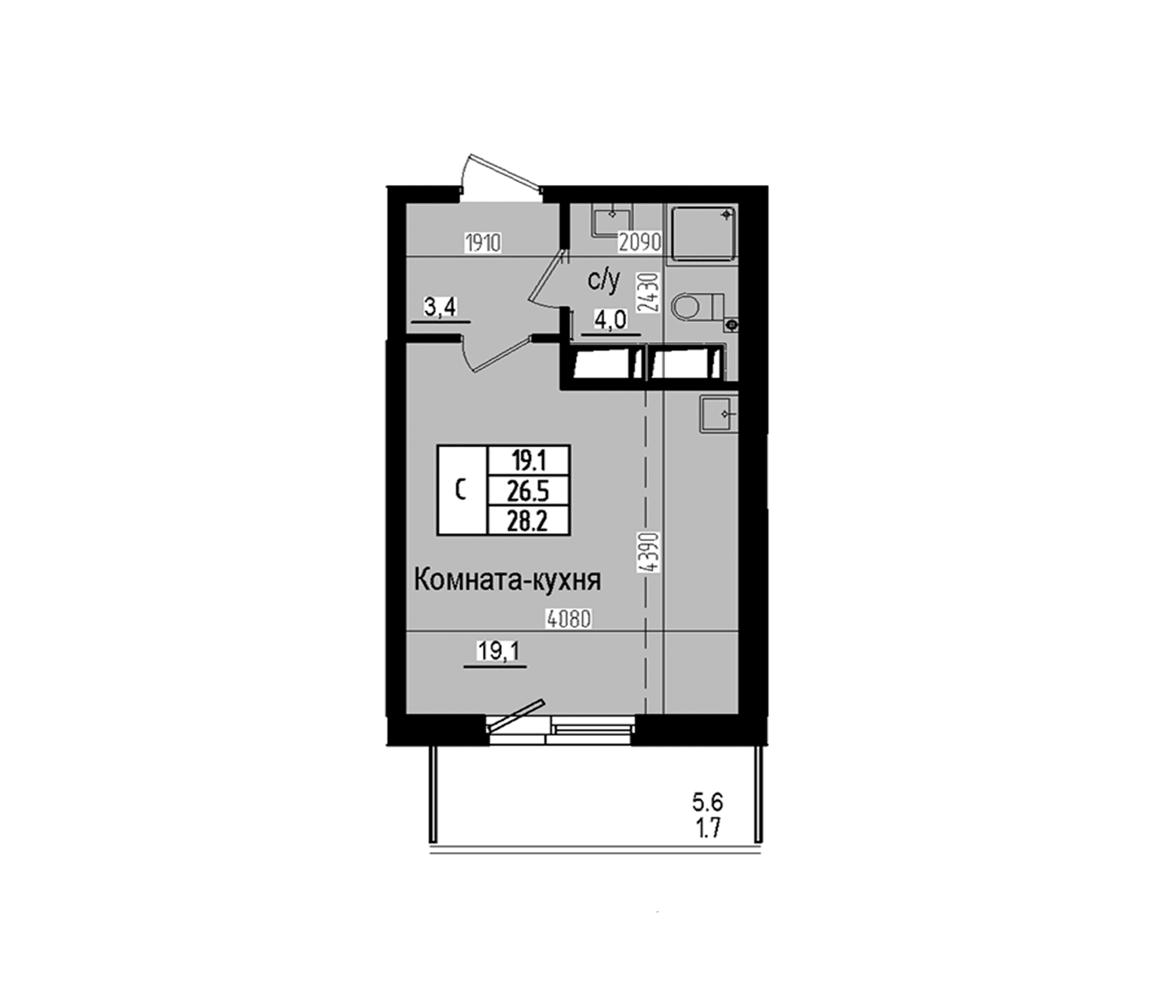 Планировка: Студия 26,5 м² в ЖК «Прагма Сити»