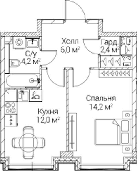 Планировка: 1-комнатная квартира 38 м² в ЖК «СЕЗАР БУДУЩЕЕ»